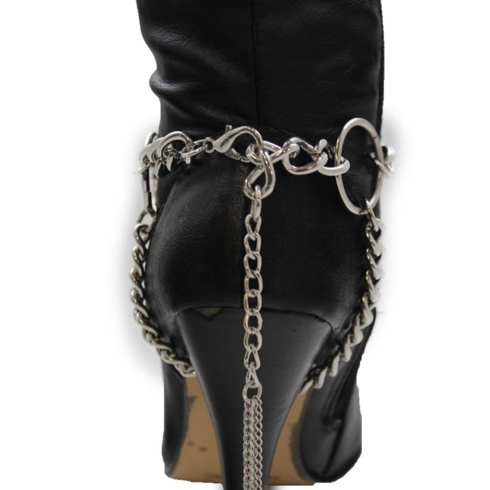 Women Silver Metal Boot Chain Bracelet Circle Back Tassel Shoe Charm Anklet - Picture 2 of 12
